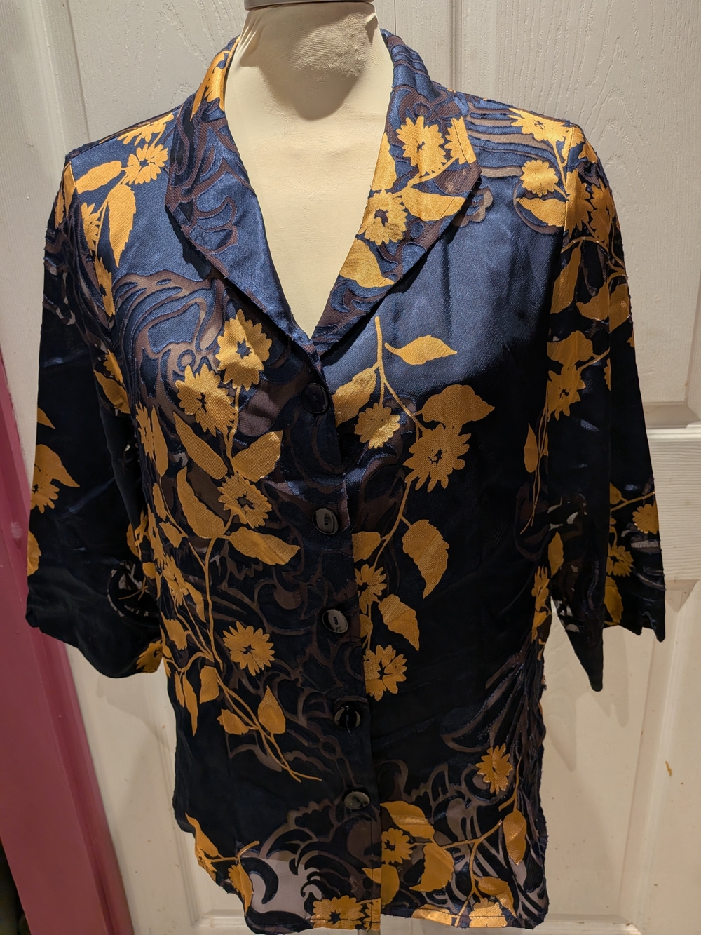 3/$25 TanJay Navy & Gold Floral Satin Blouse - Picture 2 of 5
